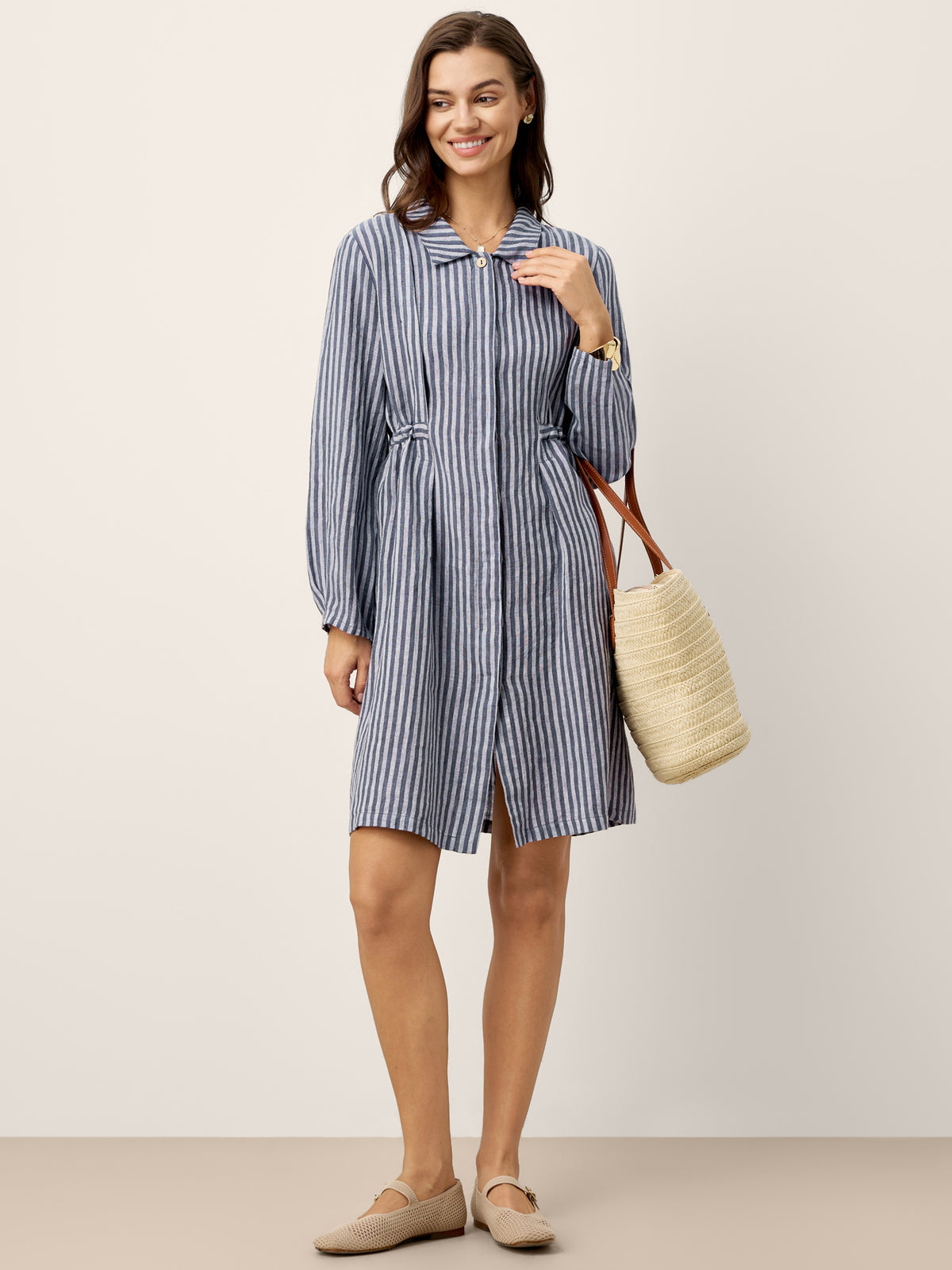 100% Linen Striped Back Drawstring Midi Shirt Dress ADELAIDE by LINTICO for women