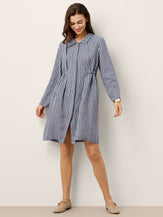 100% Linen Striped Back Drawstring Midi Shirt Dress ADELAIDE by LINTICO for women