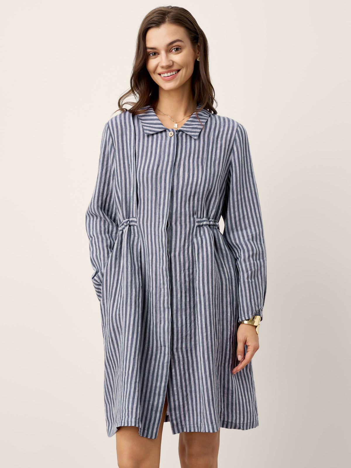 100% Linen Striped Back Drawstring Midi Shirt Dress ADELAIDE by LINTICO for women