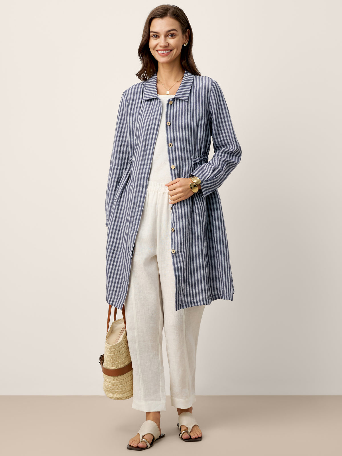 100% Linen Striped Back Drawstring Midi Shirt Dress ADELAIDE by LINTICO for women