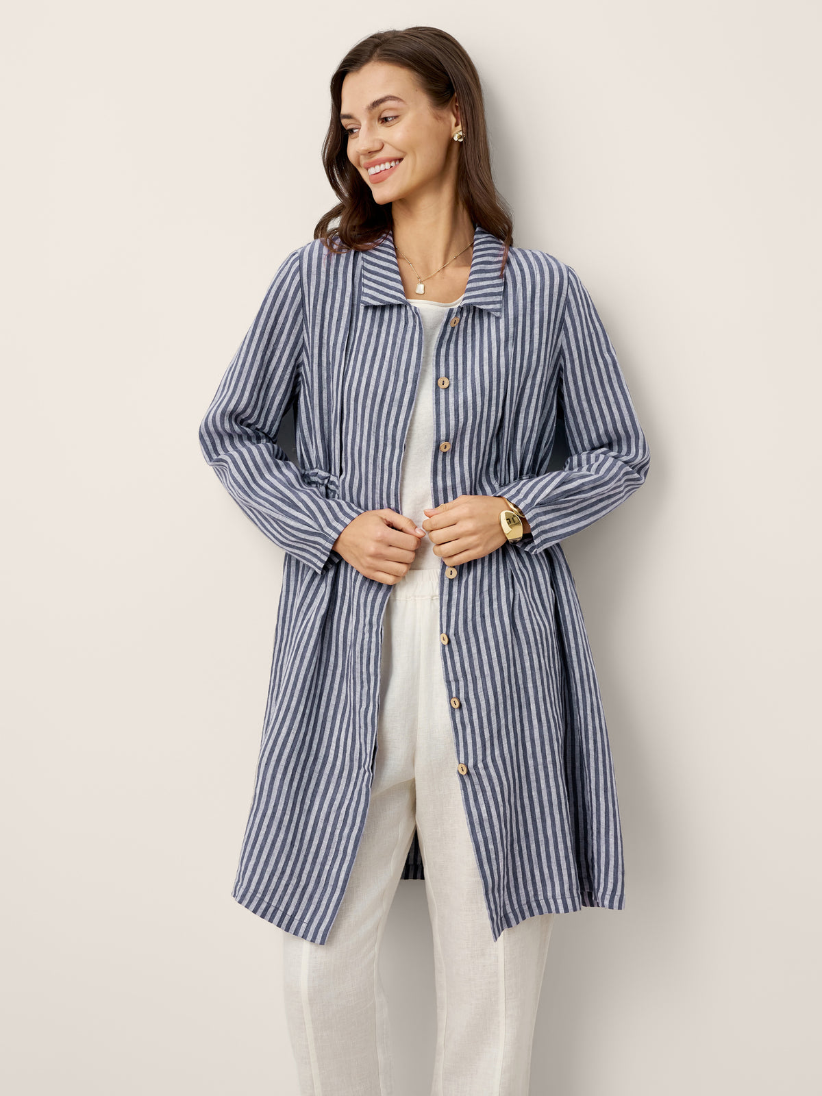 100% Linen Striped Back Drawstring Midi Shirt Dress ADELAIDE by LINTICO for women