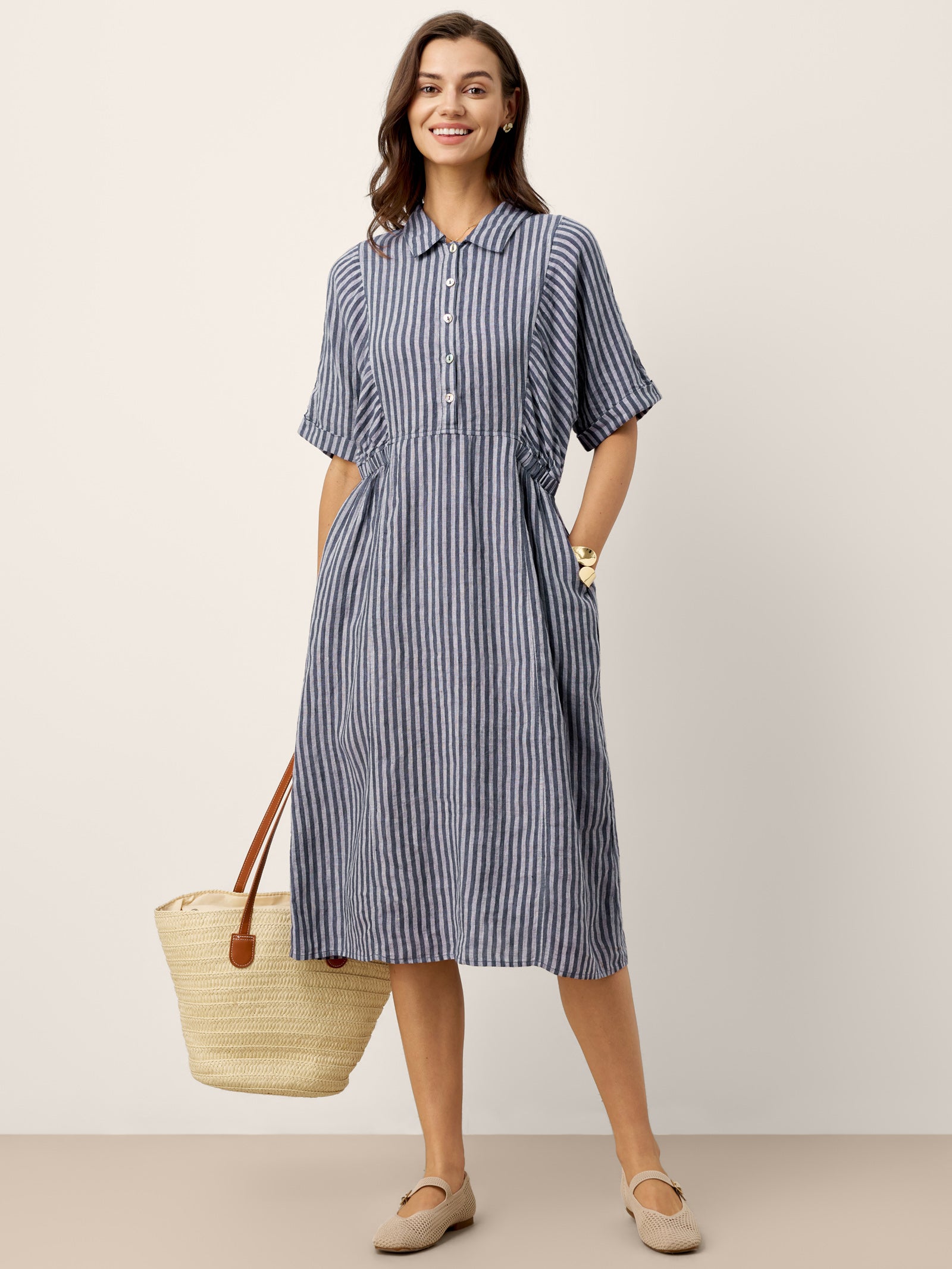 100% Linen Striped Buttoned Front Short Sleeve Midi Shirt Dress CASSANDRA by LINTICO for women