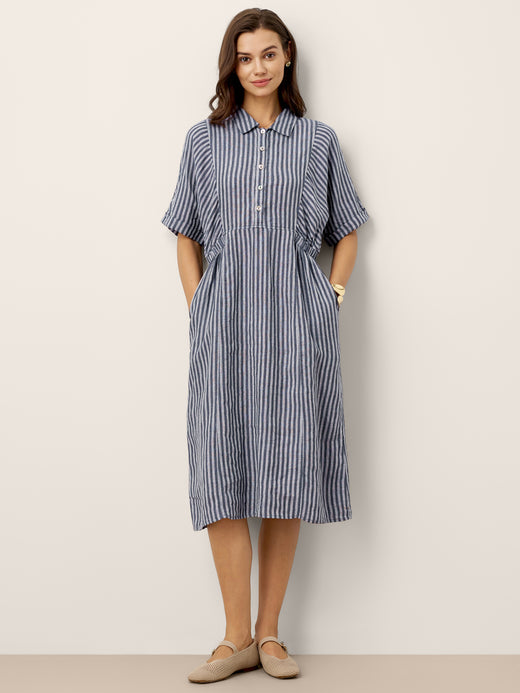 100% Linen Striped Buttoned Front Short-Sleeve Midi Shirt Dress CASSANDRA