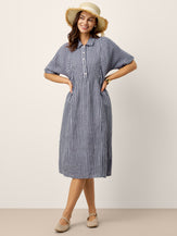 100% Linen Striped Buttoned Front Short Sleeve Midi Shirt Dress CASSANDRA by LINTICO for women