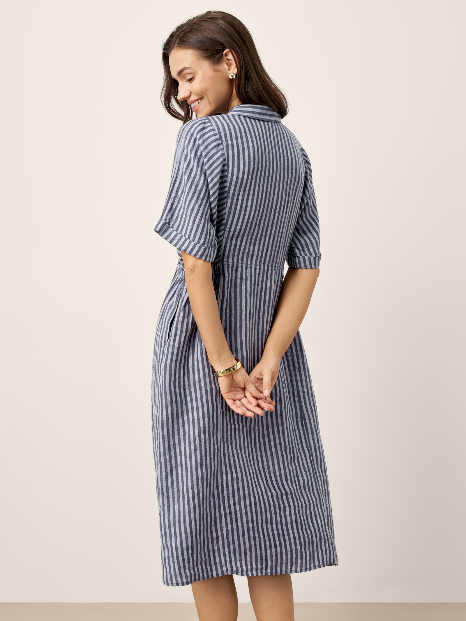 100% Linen Striped Buttoned Front Short Sleeve Midi Shirt Dress CASSANDRA by LINTICO for women