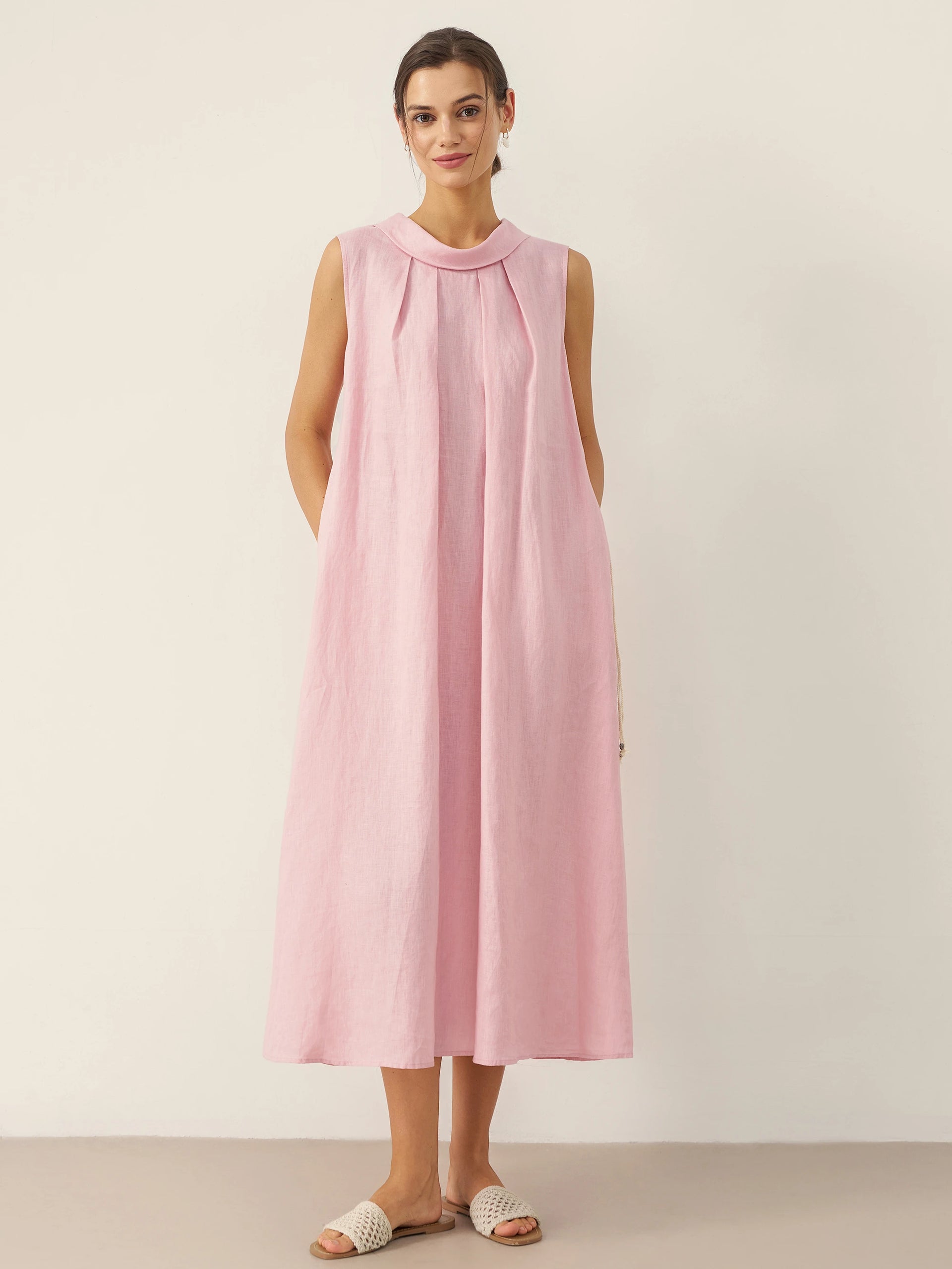 100% Linen Structured Collar Sleeveless Maxi Dress with Belt