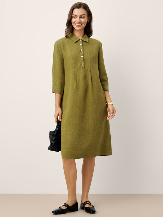 Vestido camisero midi 100% lino con solapa de sastrería y manga 3/4 MERCEDES