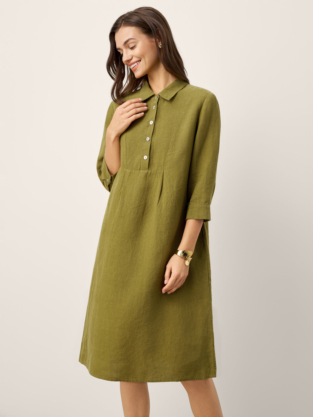 100% Linen Tailored Lapel 3/4 Sleeve Midi Shirt Dress MERCEDES by LINTICO for women