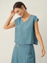 100% Linen V-Neck Cap Sleeve Crop Top FRESSA by LINTICO for women