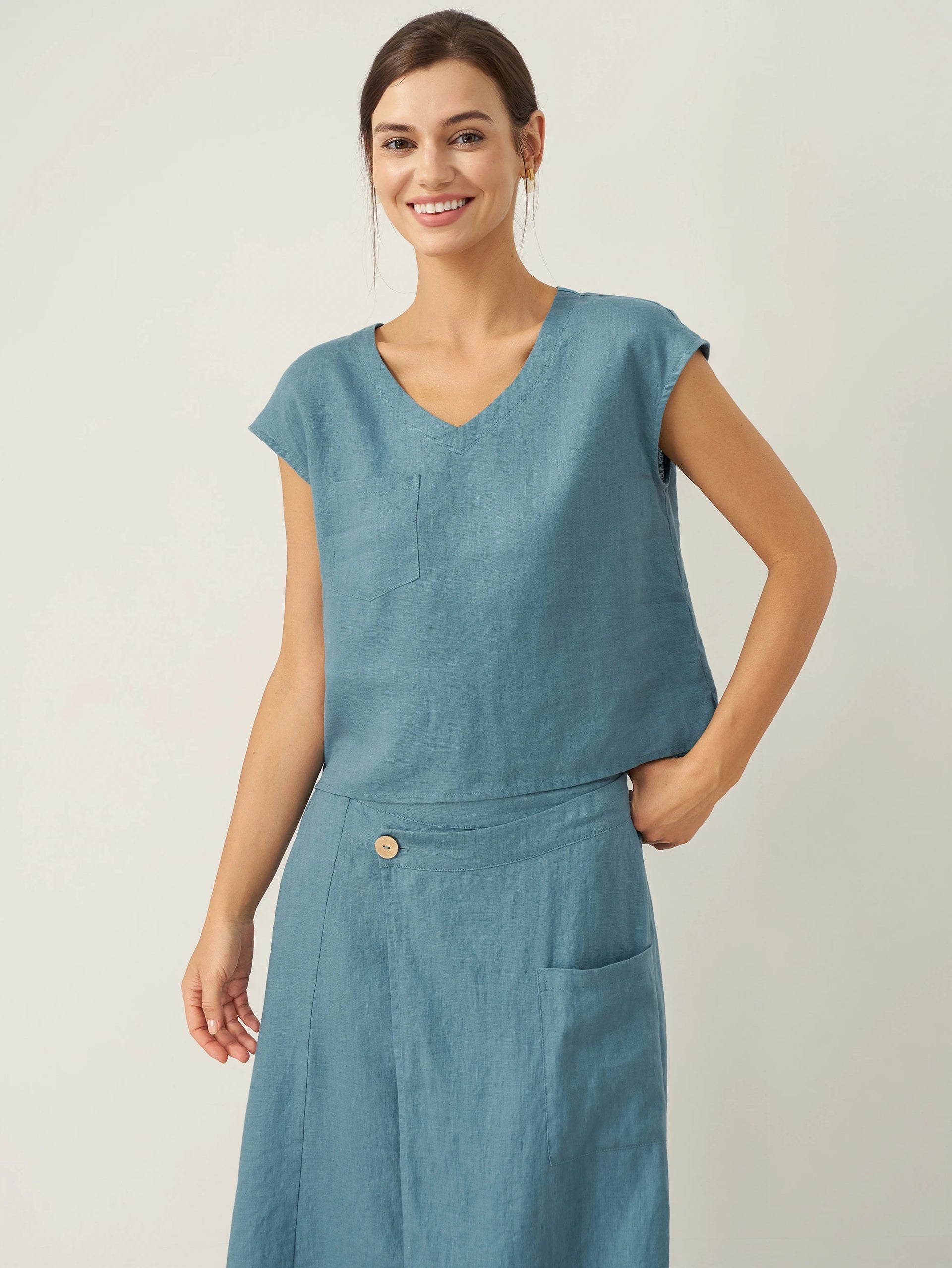 100% Linen V Neck Cap Sleeve Crop Top FRESSA