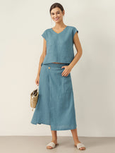100% Linen V-Neck Cap Sleeve Crop Top FRESSA by LINTICO for women