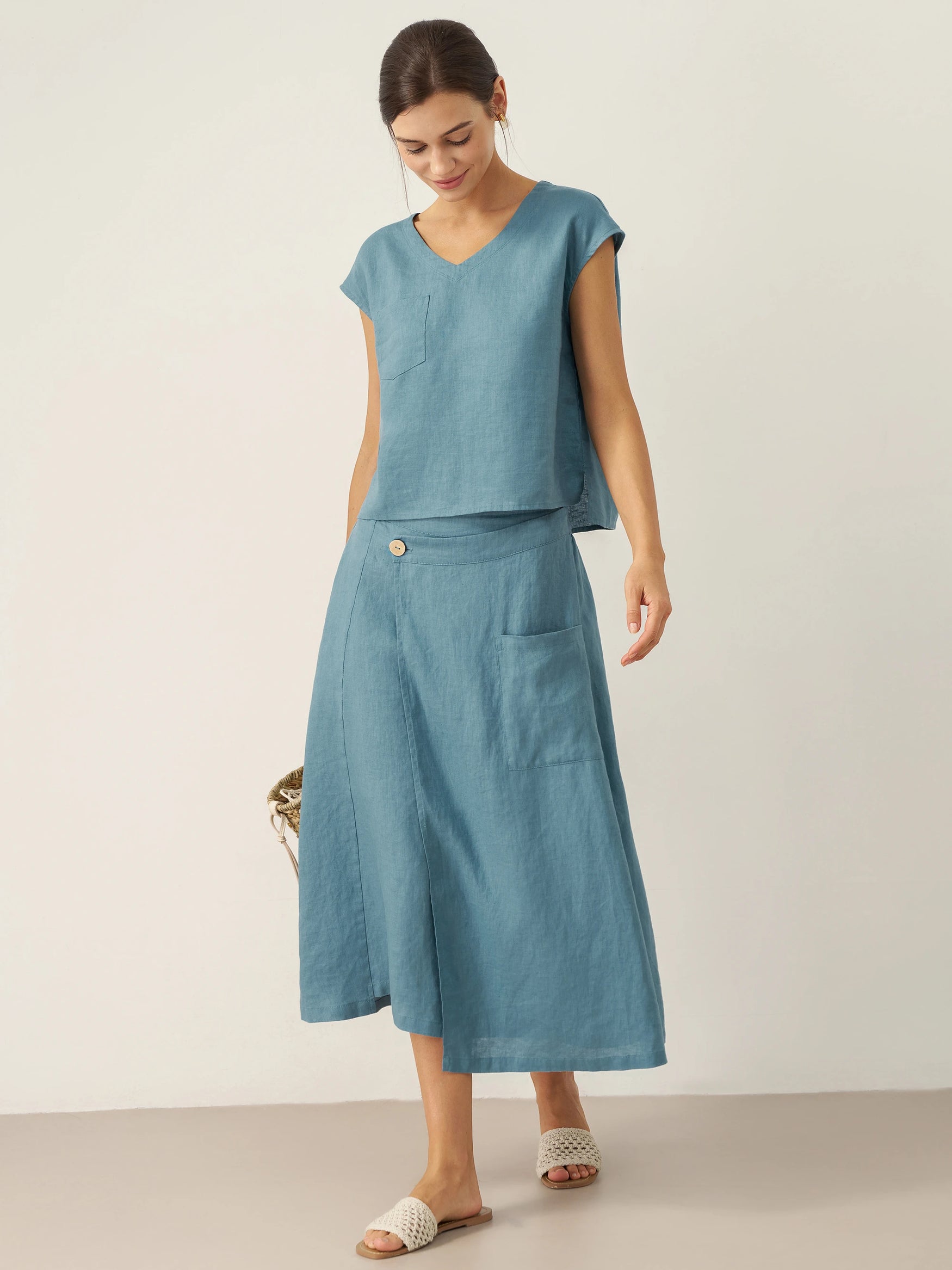 100% Linen V-Neck Cap Sleeve Crop Top FRESSA by LINTICO for women