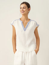 100% Linen V-Neck Embroidered Crop Top FENE by LINTICO for women