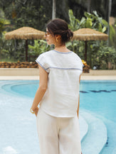 100% Linen V-Neck Embroidered Crop Top FENE by LINTICO for women