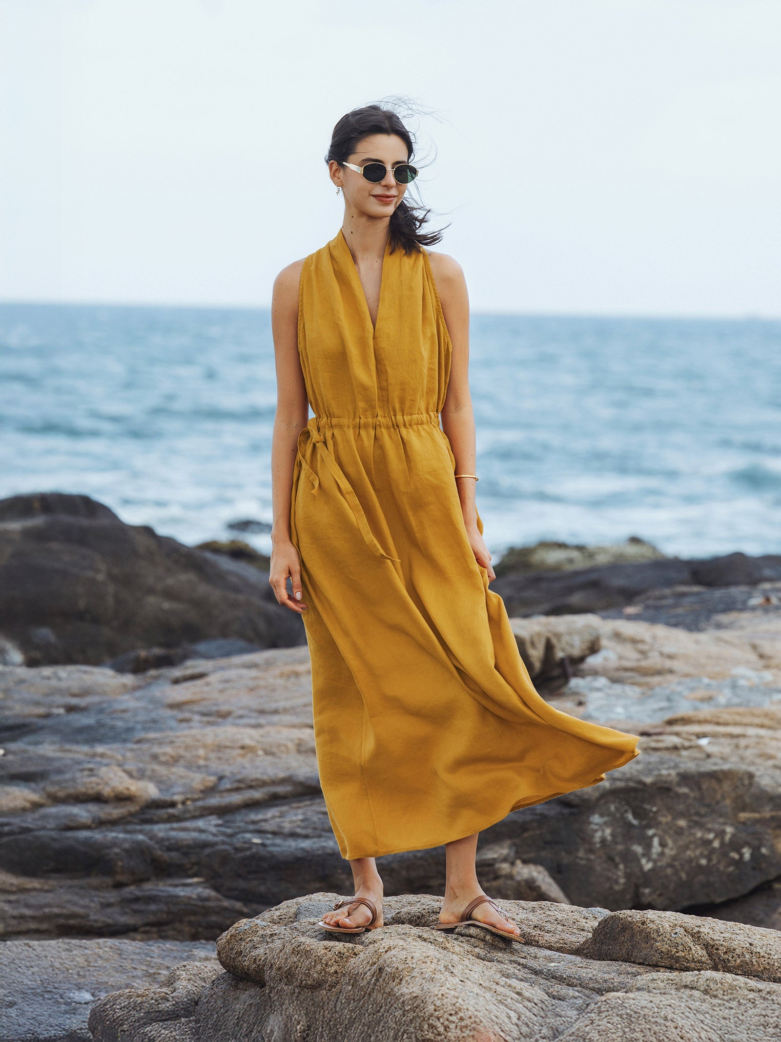 100% Linen V-Neck Halter Maxi Dress BETH by LINTICO for women
