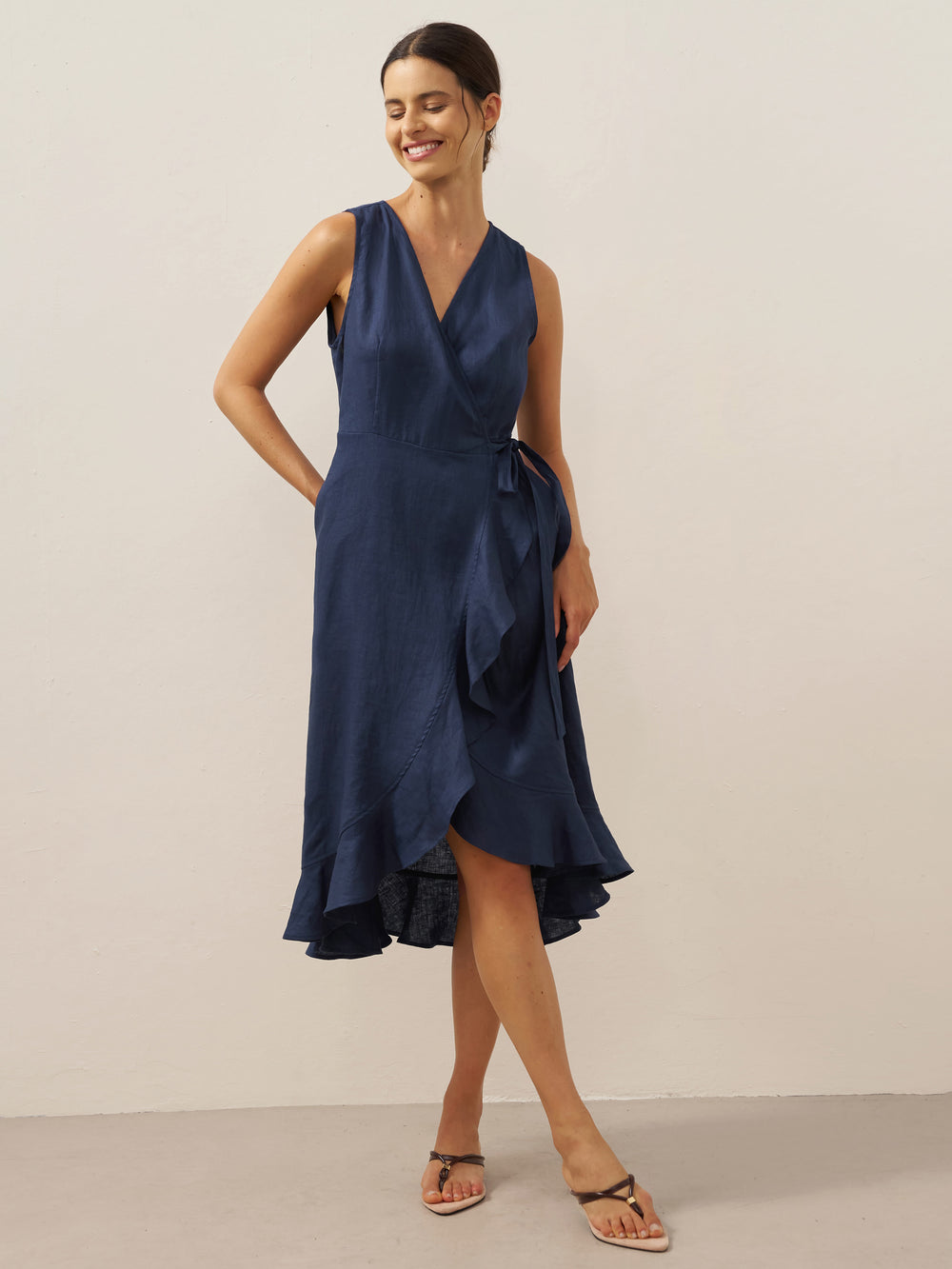 100% Linen V-Neck One-Piece Ruffle Hem Midi Dress MAYA