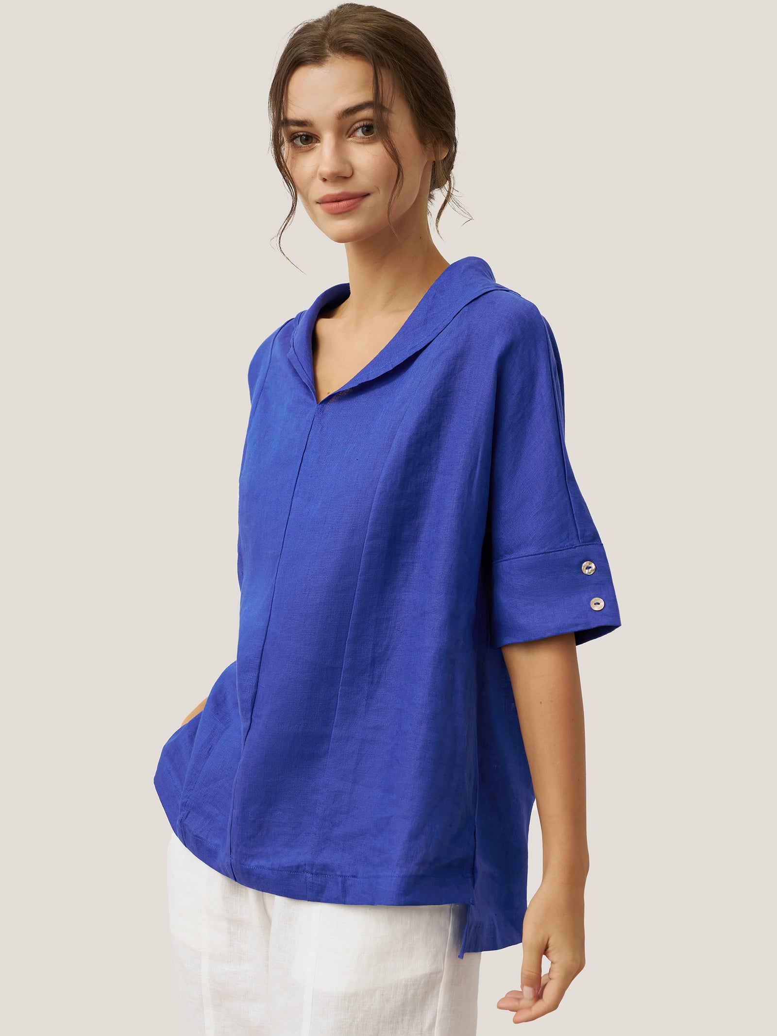 100% Linen V-Neck Short Sleeve Shirt SIERRA by LINTICO for women