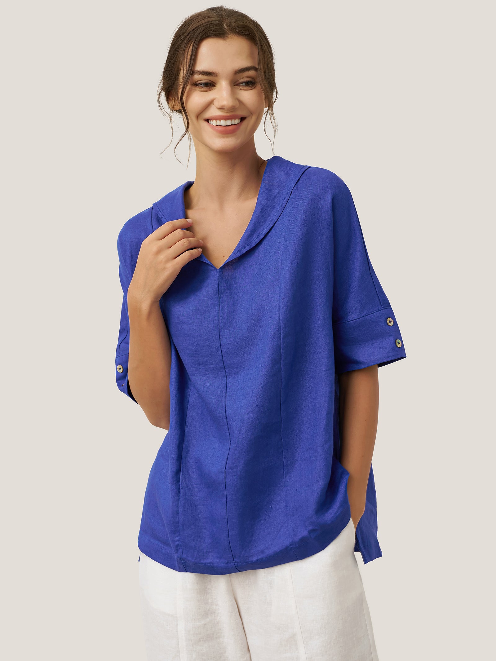 100% Linen V-Neck Short Sleeve Shirt SIERRA by LINTICO for women