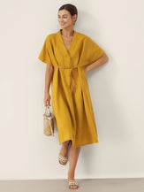 100% Linen V-Neck Tie-Waist Midi Dress BONNIE by LINTICO for women