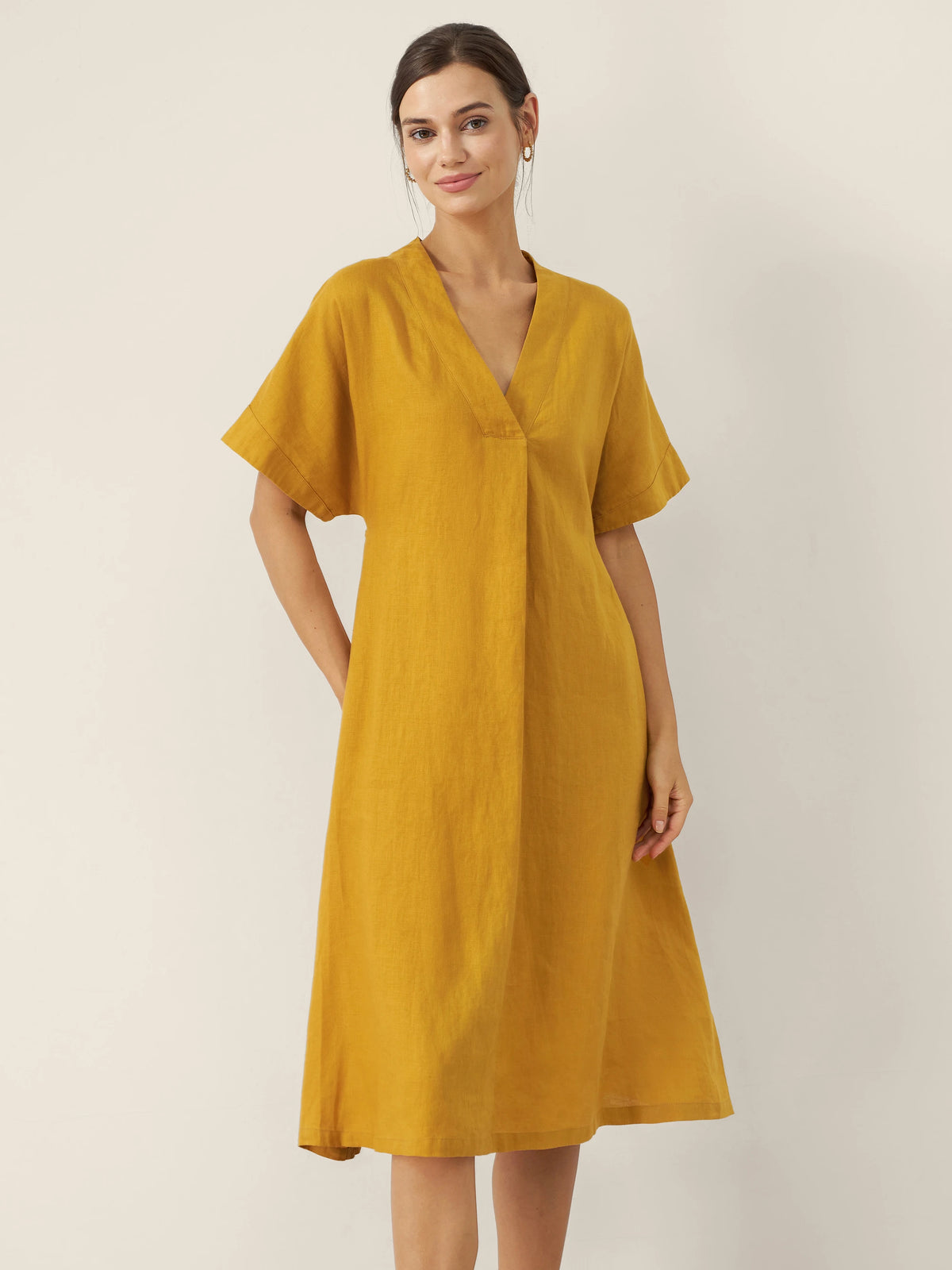 100% Linen V-Neck Tie-Waist Midi Dress BONNIE by LINTICO for women