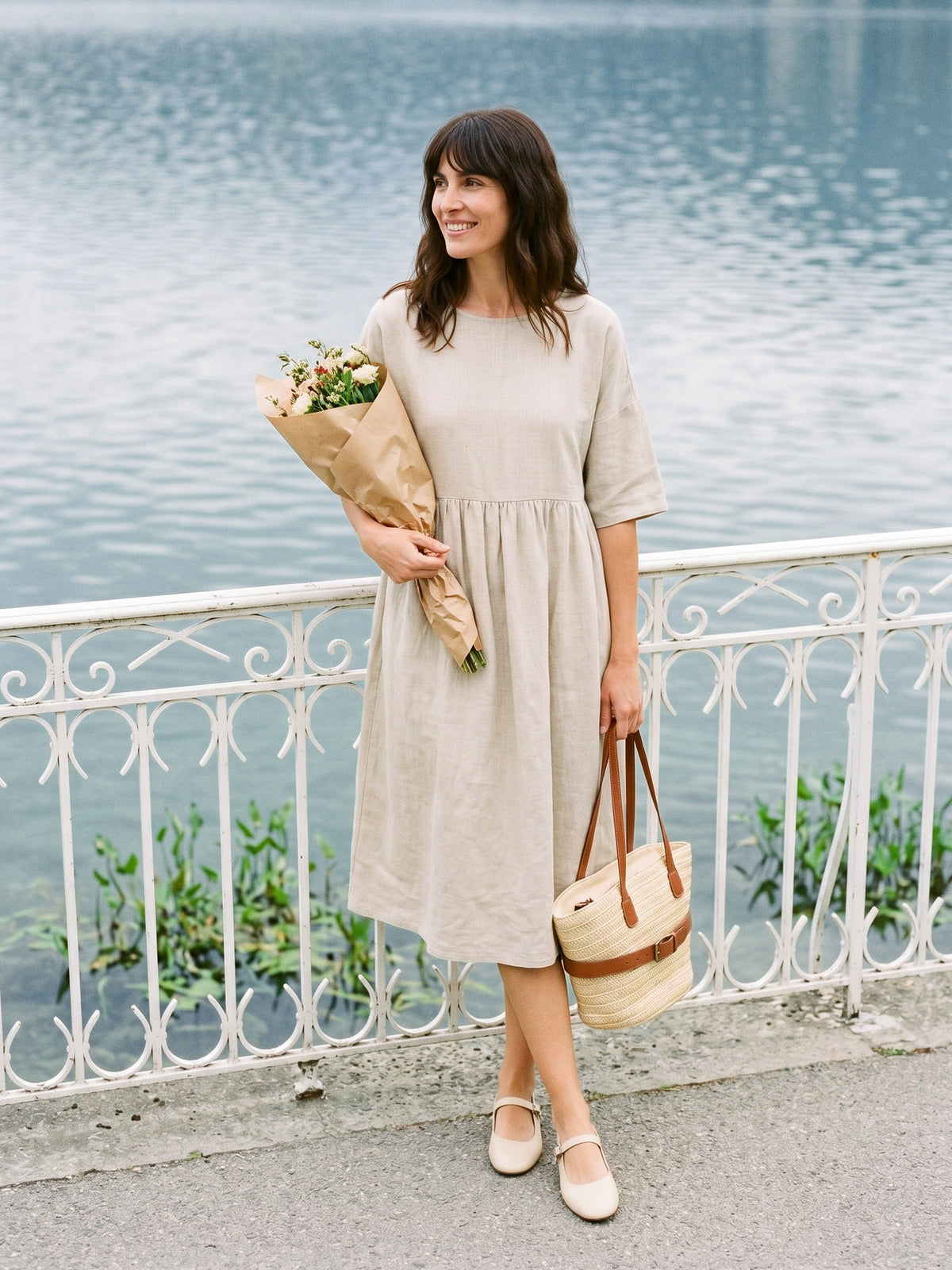 VALENCIA natural melange A-line linen midi dress outdoors