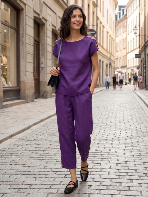 100% Linen Round Neck Button Detail Top ISABELLE