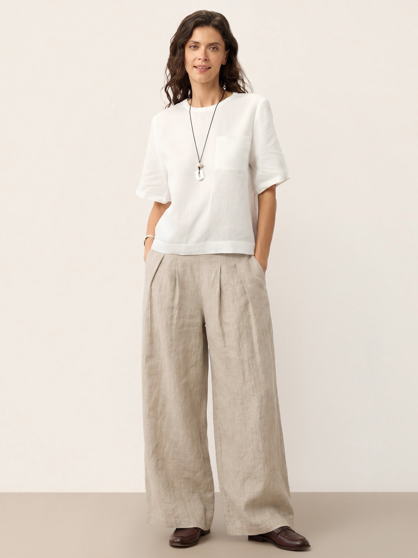 100% Linen Pleated Waist Wide Leg Pants LOUISA by LINTICO for women