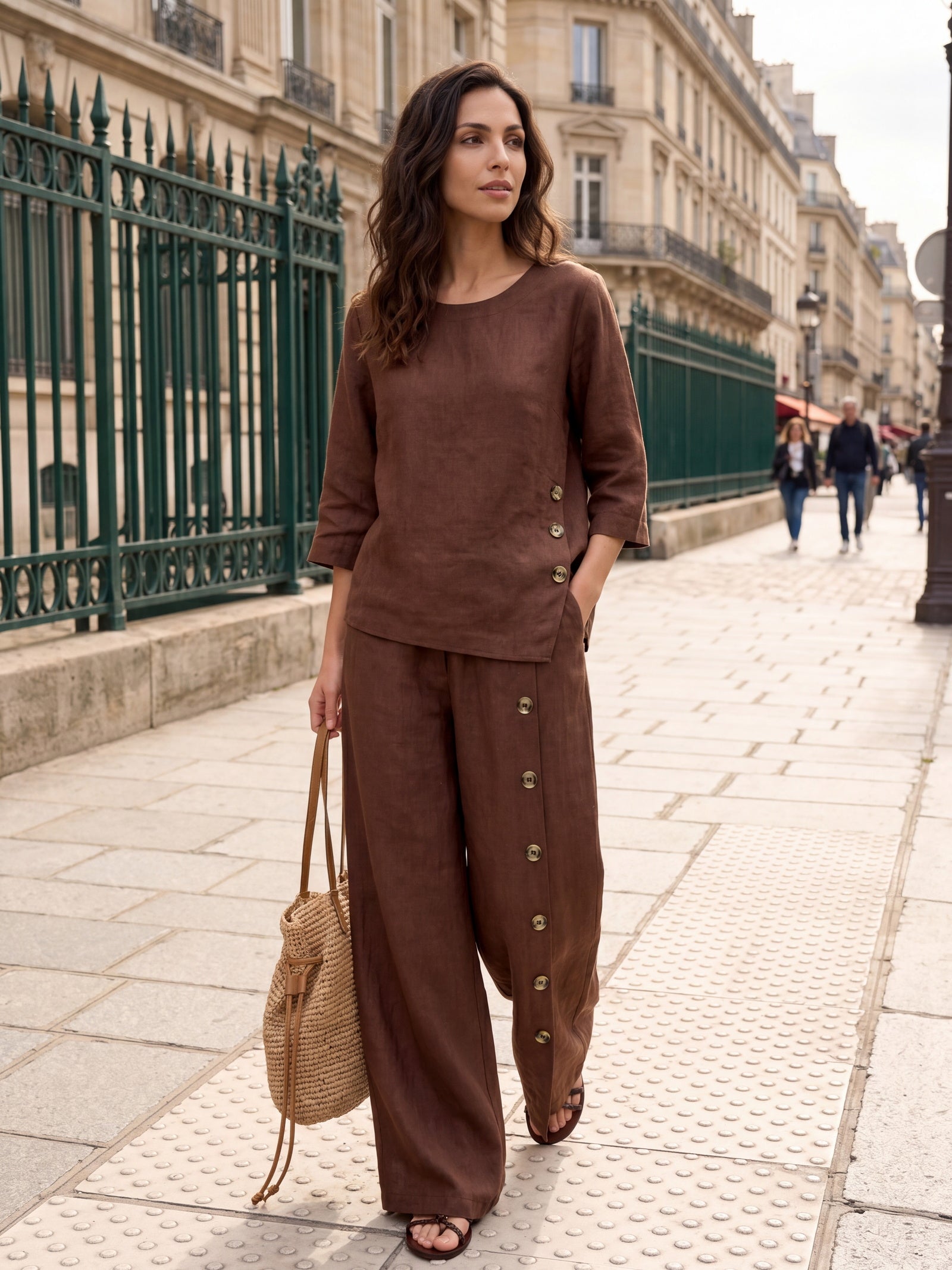 100% Linen Buttoned Slit-Hem Pants KATYA by LINTICO for women