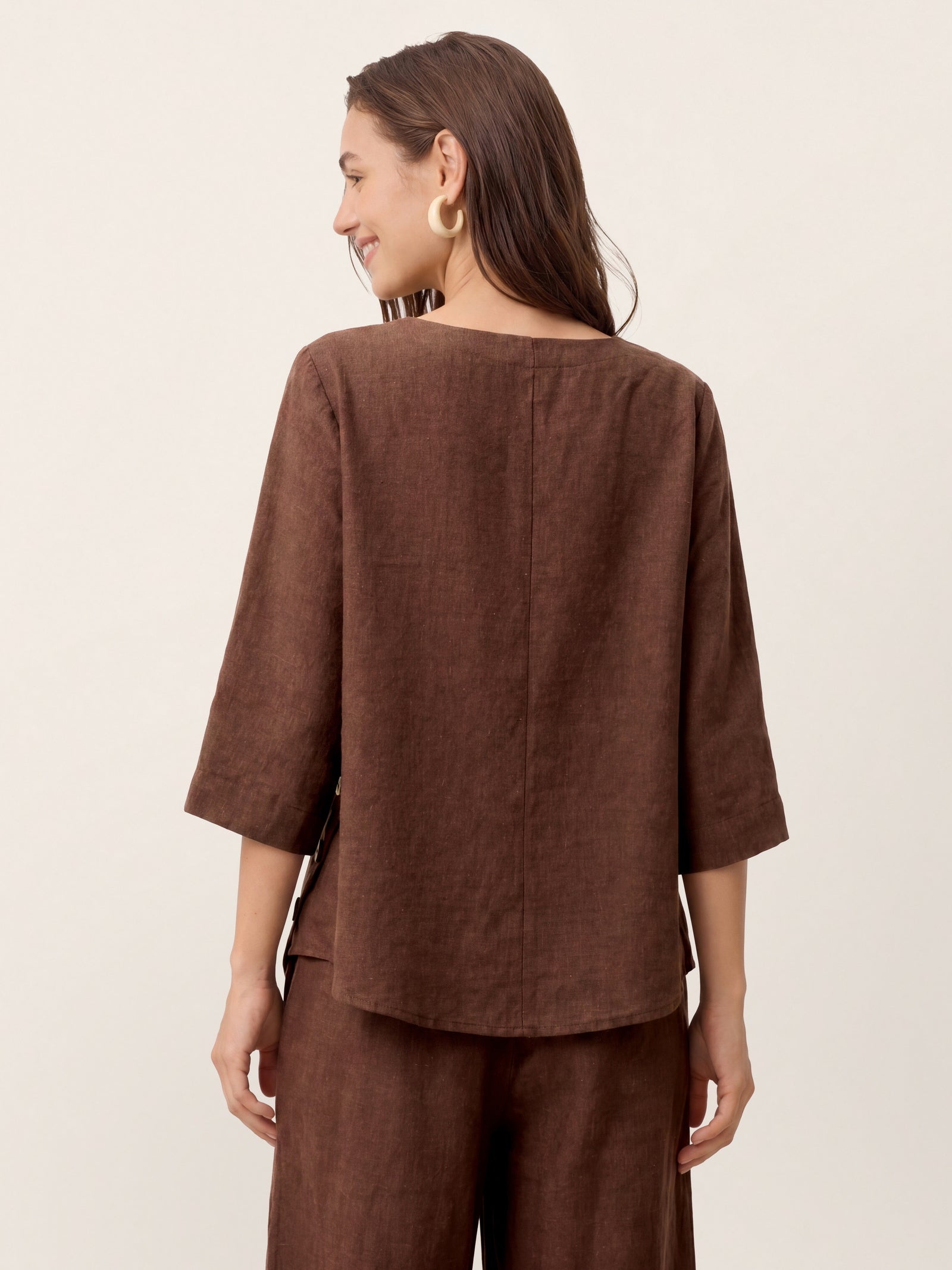 100% Linen Asymmetric-Hem Button-Trim Top NYLA by LINTICO for women