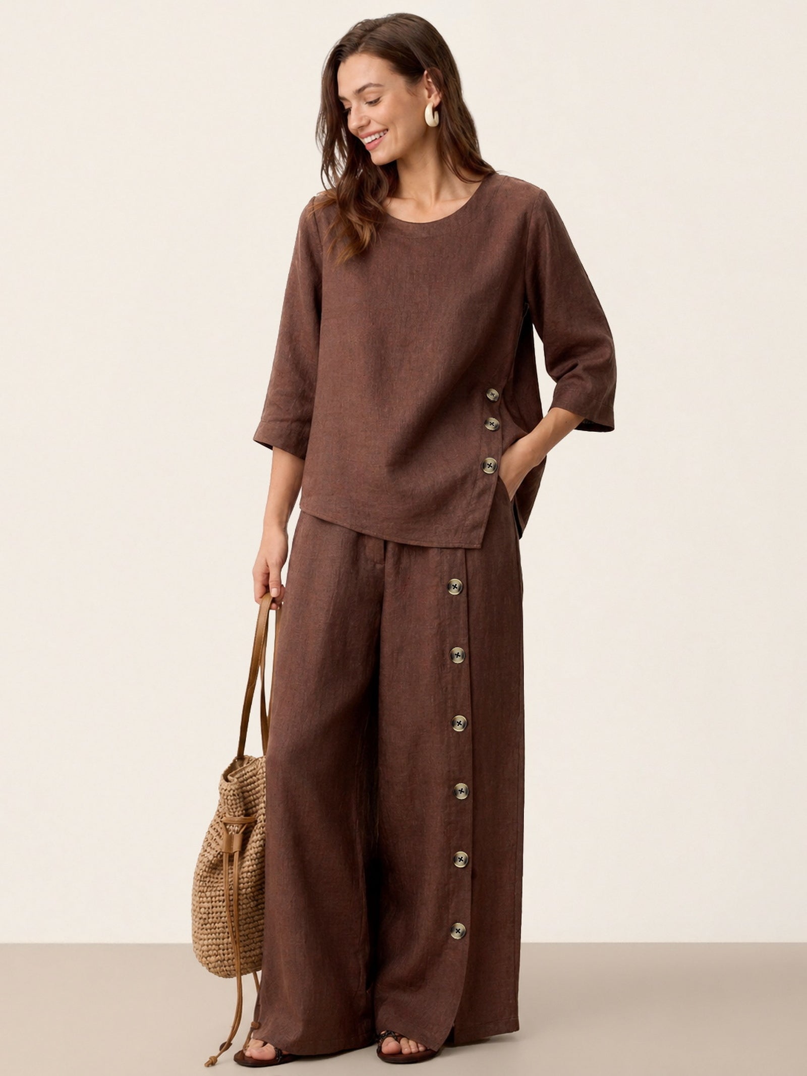100% Linen Asymmetric-Hem Button-Trim Top NYLA by LINTICO for women