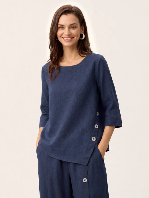 100% Linen Asymmetric-Hem Button-Trim Top NYLA