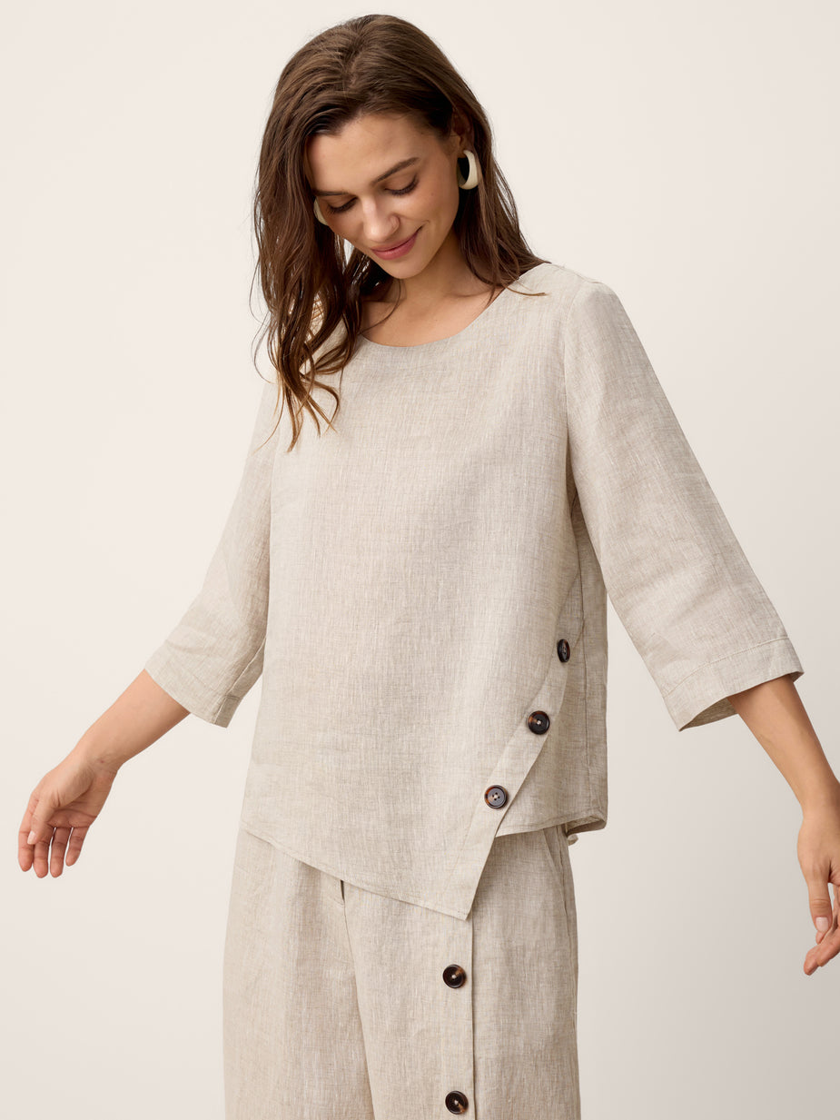 100% Linen Rolled Collar Asymmetric Button Midi Dress ELARAINE