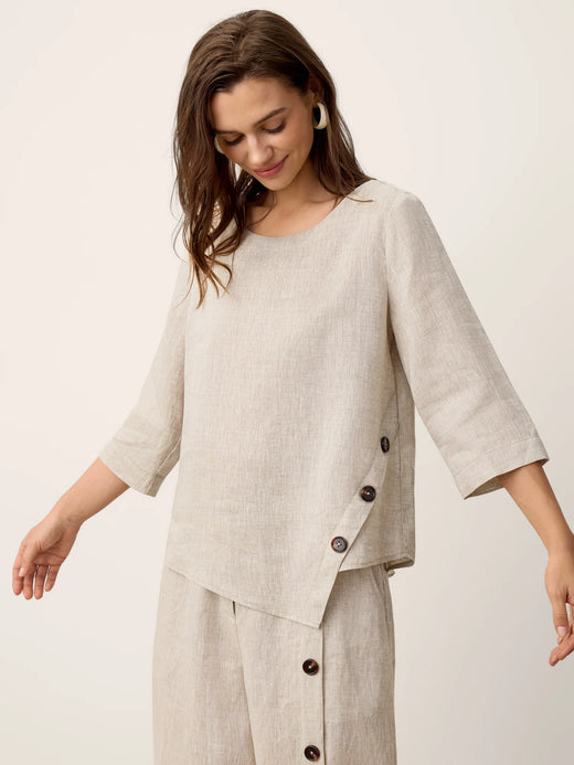 100% Linen Asymmetric-Hem Button-Trim Top NYLA