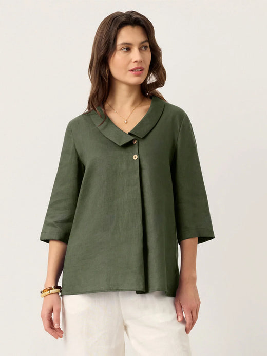 100% Linen Asymmetric Collar Inverted Pleat Top OTTILIE