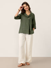 100% Linen Asymmetric Collar Inverted Pleat Top OTTILIE by LINTICO for women