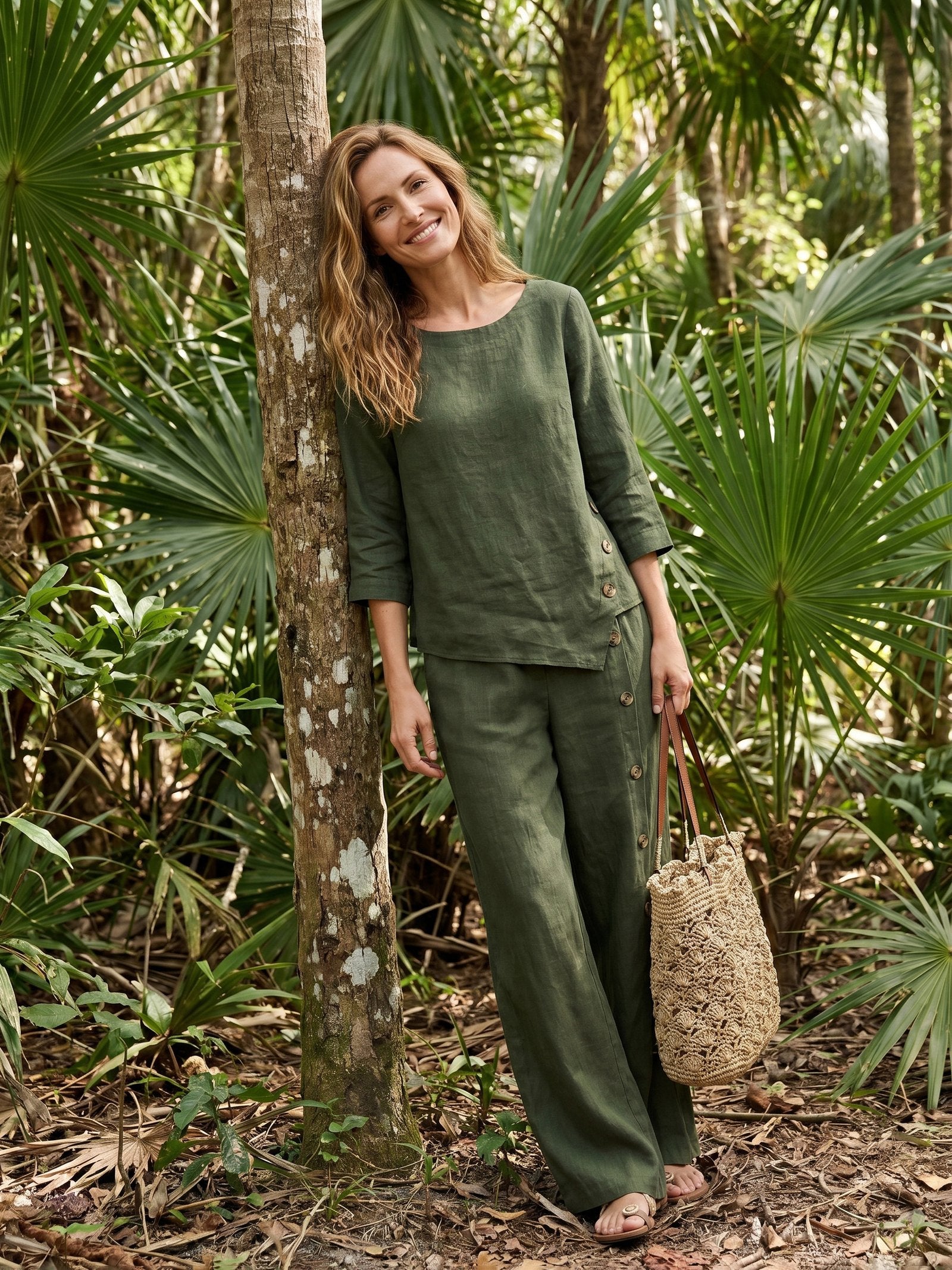 100% Linen Asymmetric-Hem Button-Trim Top NYLA by LINTICO for women