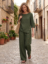 100% Linen Asymmetric-Hem Button-Trim Top NYLA by LINTICO for women