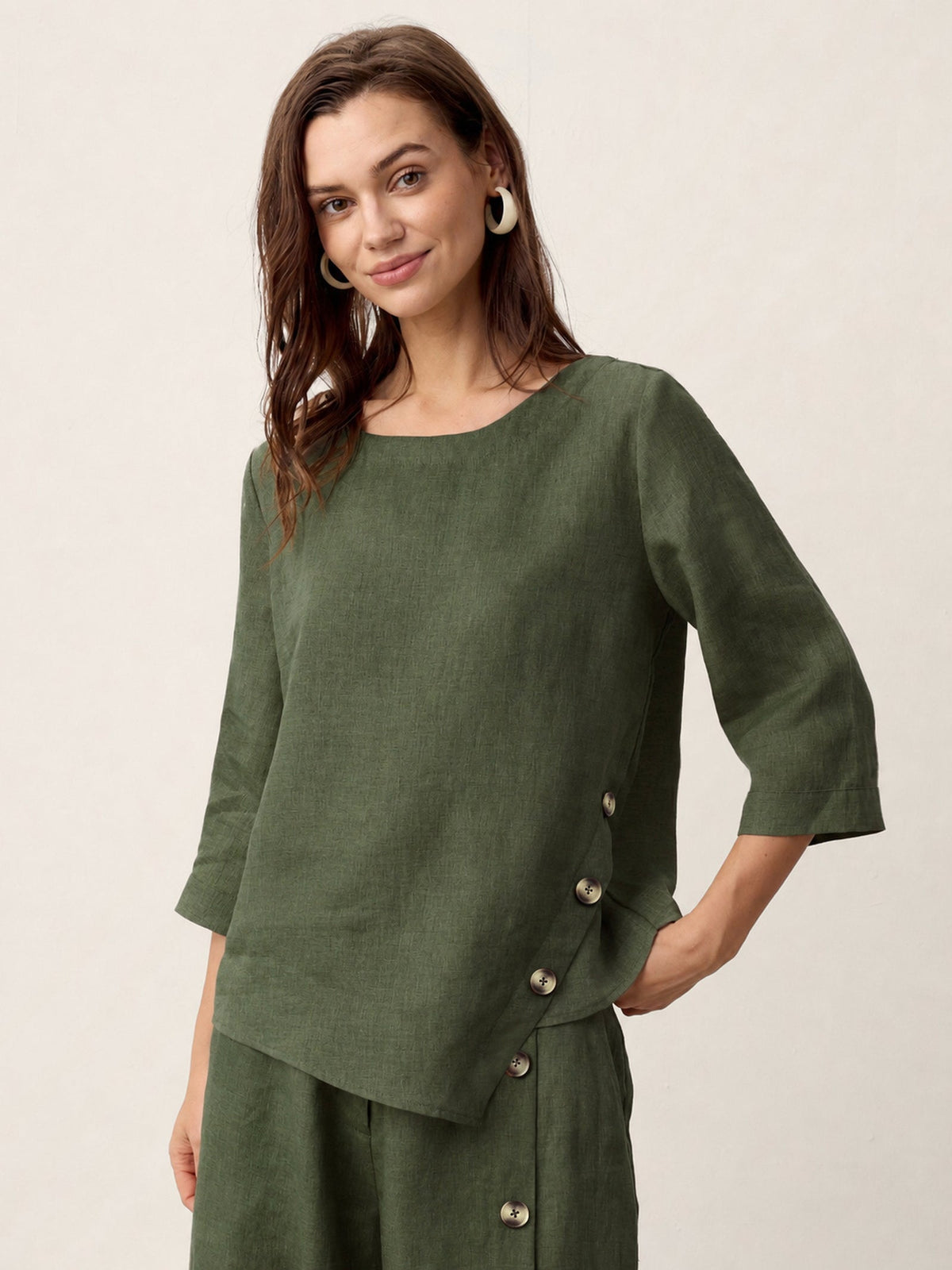 100% Linen Asymmetric Hem Button Trim Top NYLA