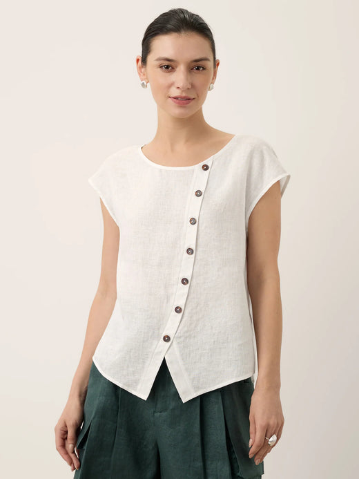 100% Linen Asymmetric Placket Cap Sleeve Top EVALINA
