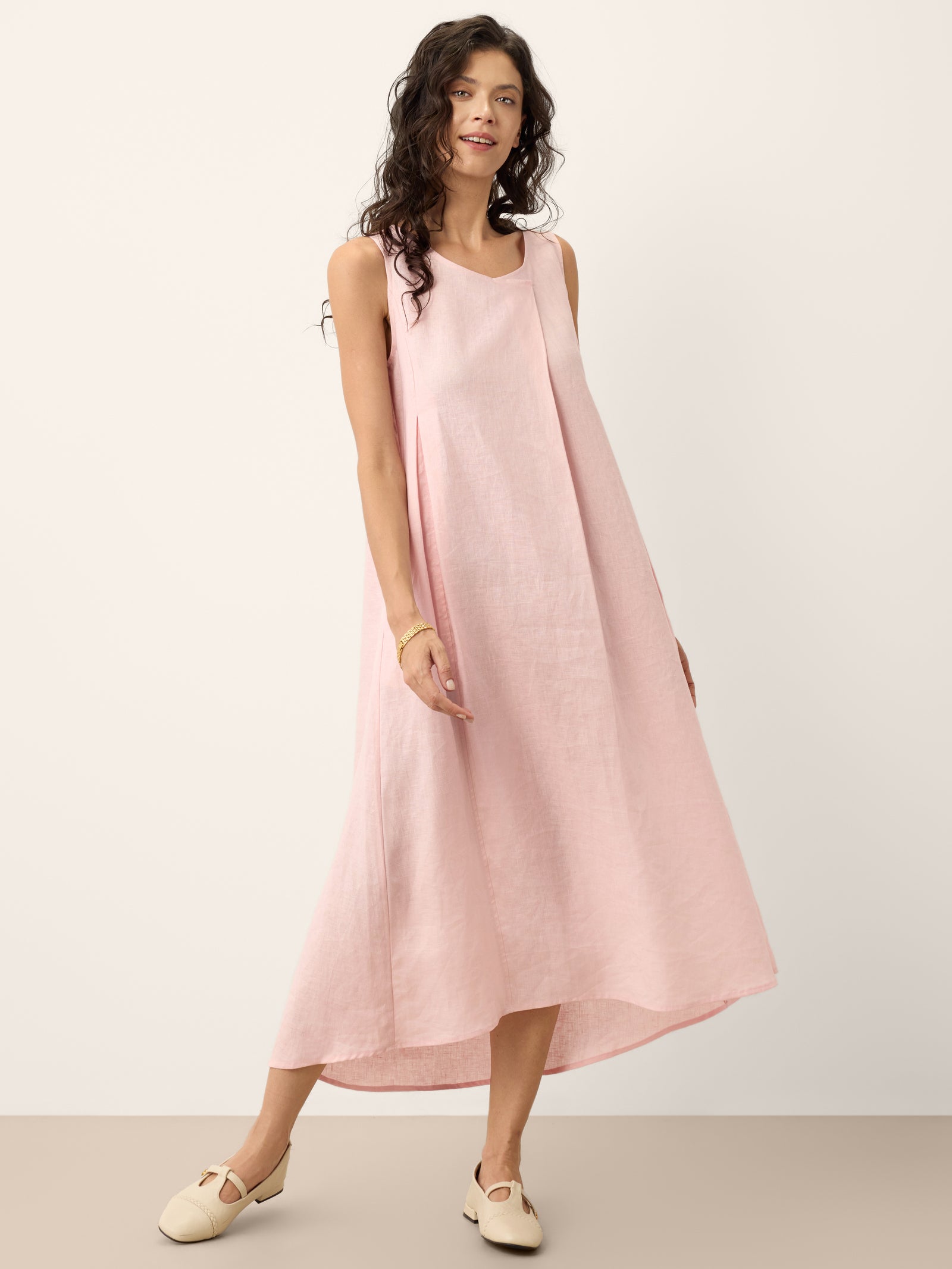 100% Linen Asymmetric Pleat A-Line Maxi Dress KARINA - Pale Blush / S 100% Linen Asymmetric Pleat A-Line Maxi Dress KARINA - Pale Blush / S