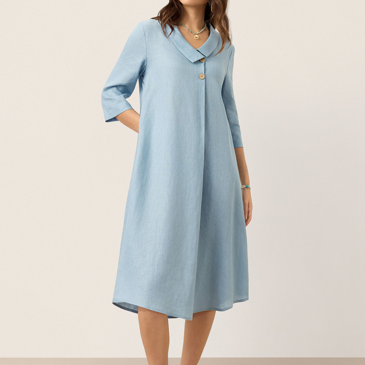 100% Linen Asymmetric Shawl Collar A-Line Midi Dress WINIFRED