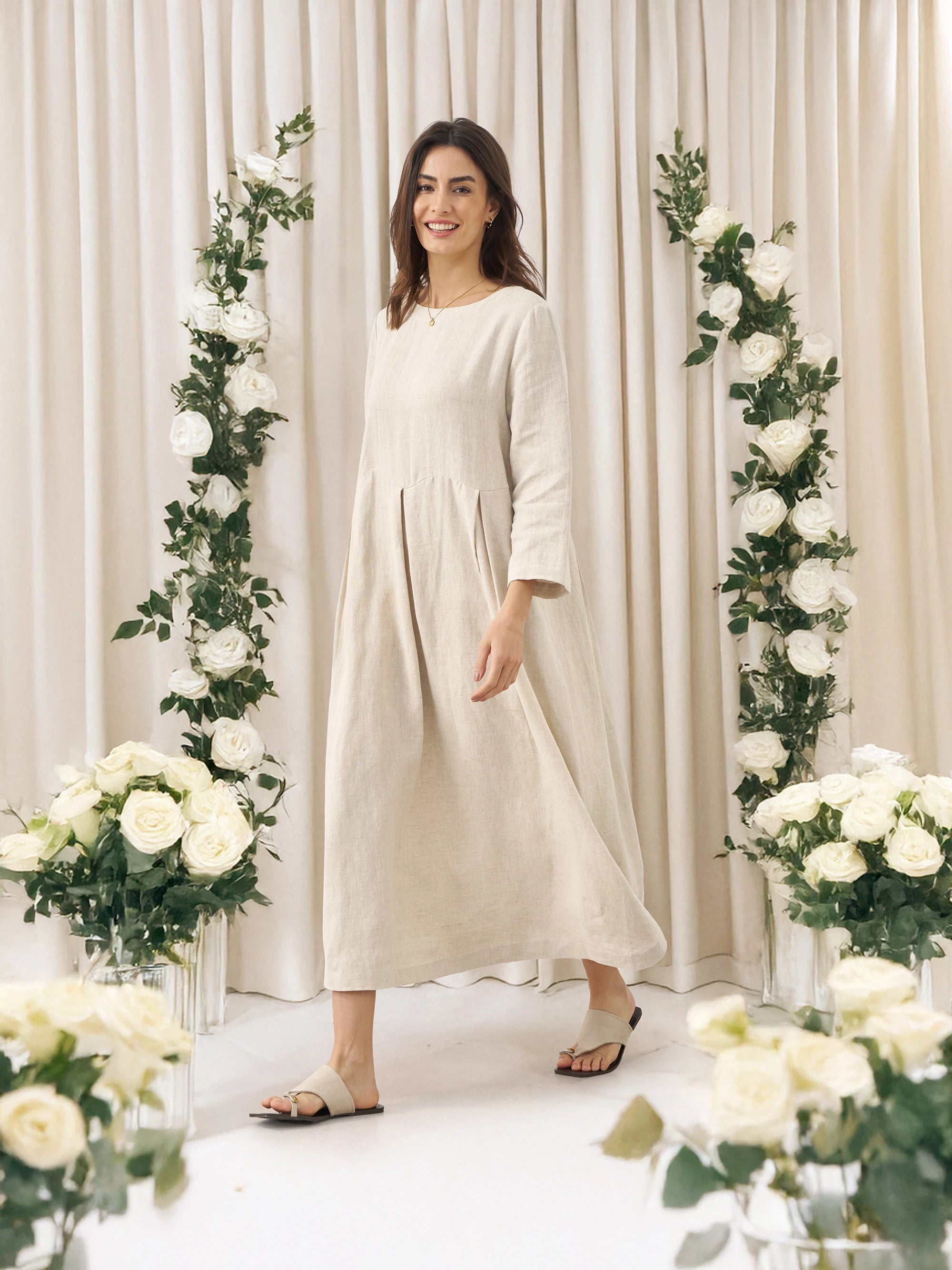 100% Linen Bateau Neck Pleated Maxi Dress