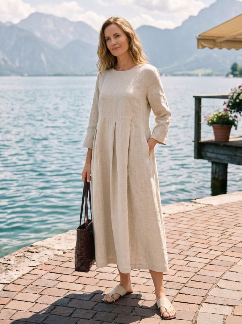 100% Linen Bateau Neck Pleated Midi Dress ABIGAIL by LINTICO