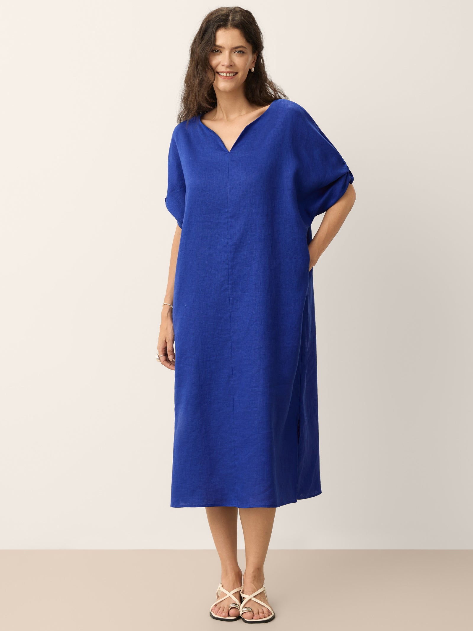 100% Linen Bow-Tie Cuff Split-Hem Midi Dress JESSAMINE - Cobalt Blue / S 100% Linen Bow-Tie Cuff Split-Hem Midi Dress JESSAMINE - Cobalt Blue / S
