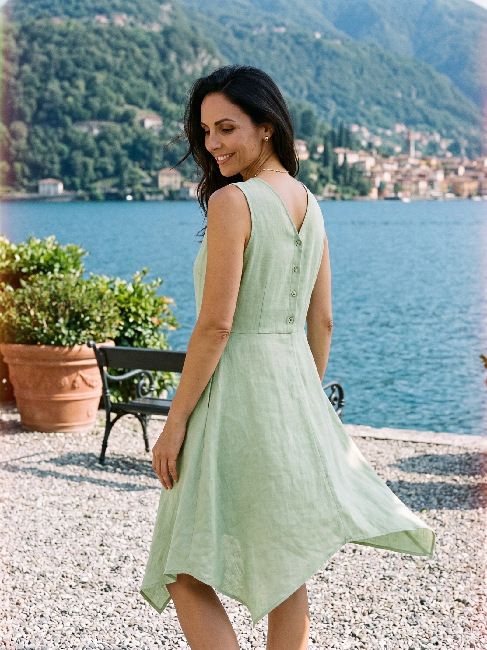 100% Linen Braided V Neck Handkerchief Hem Mini Dress ANNORA by LINTICO for women