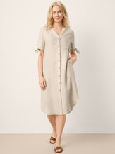 100% Linen Button-Front Tie Cuff V-Neck Shirt Dress HONORIA by LINTICO for women