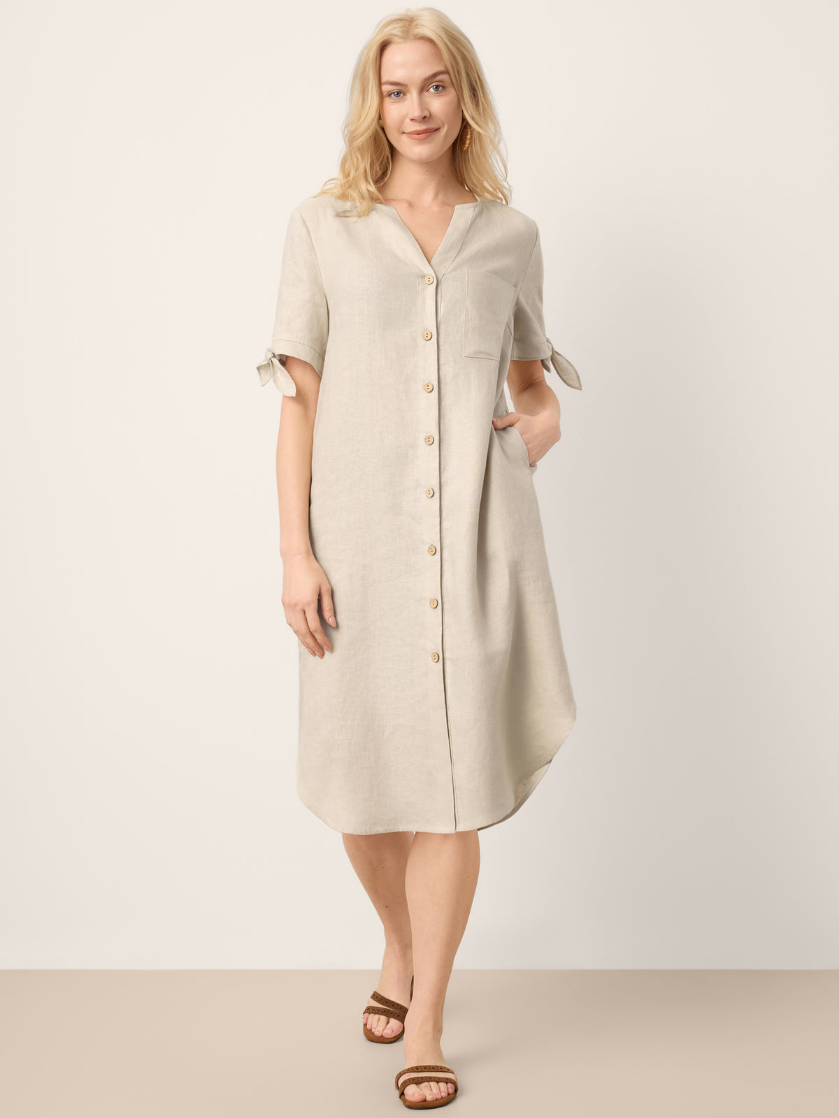100% Linen Button-Front Tie Cuff V-Neck Shirt Dress HONORIA by LINTICO for women