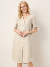 100% Linen Button-Front Tie Cuff V-Neck Shirt Dress HONORIA by LINTICO for women
