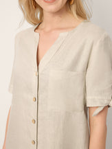 100% Linen Button-Front Tie Cuff V-Neck Shirt Dress HONORIA by LINTICO for women