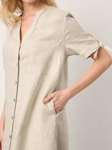 100% Linen Button-Front Tie Cuff V-Neck Shirt Dress HONORIA by LINTICO for women